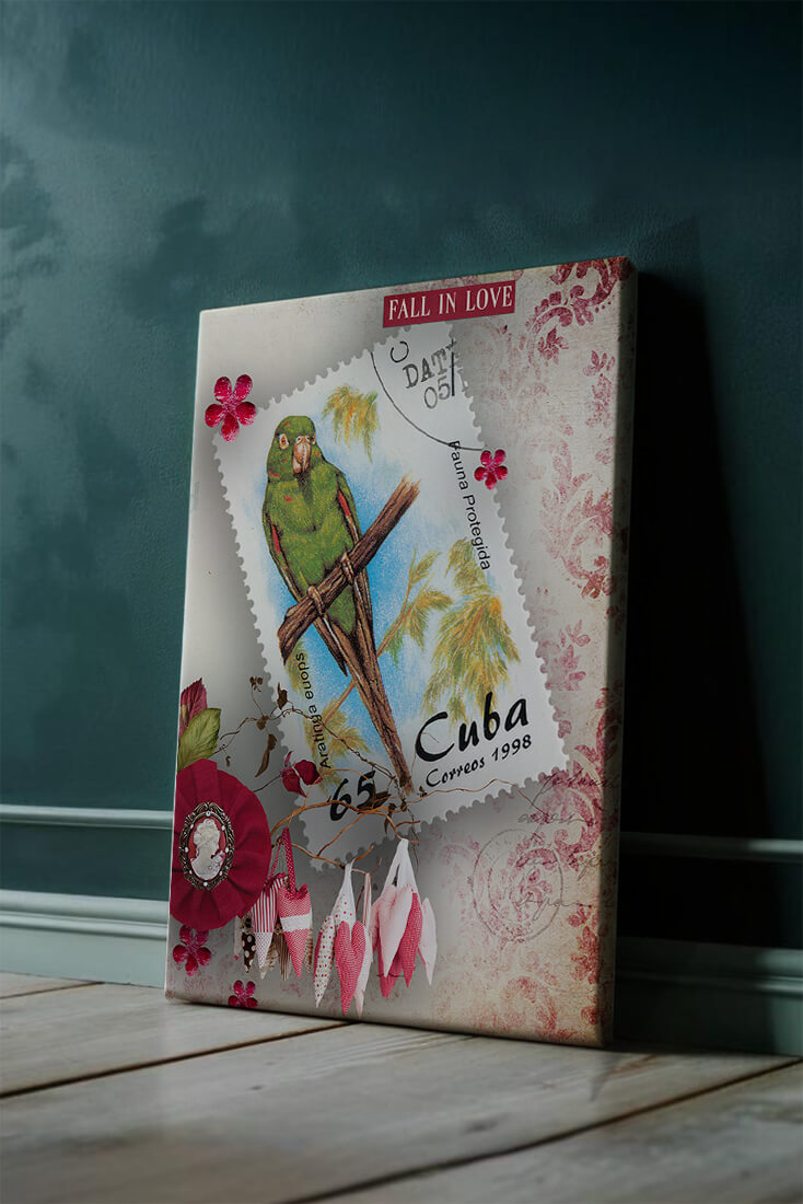 Vintage Cuban parrot stamp with romantic decorations