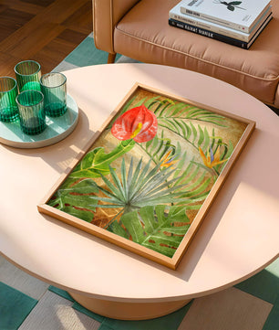 Colorful botanical illustration with tropical leaves on textured background