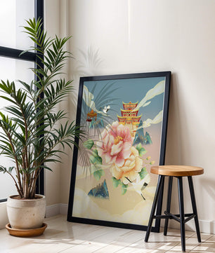 Elegant Asian Landscape With Pagoda, Cranes, and Peonies