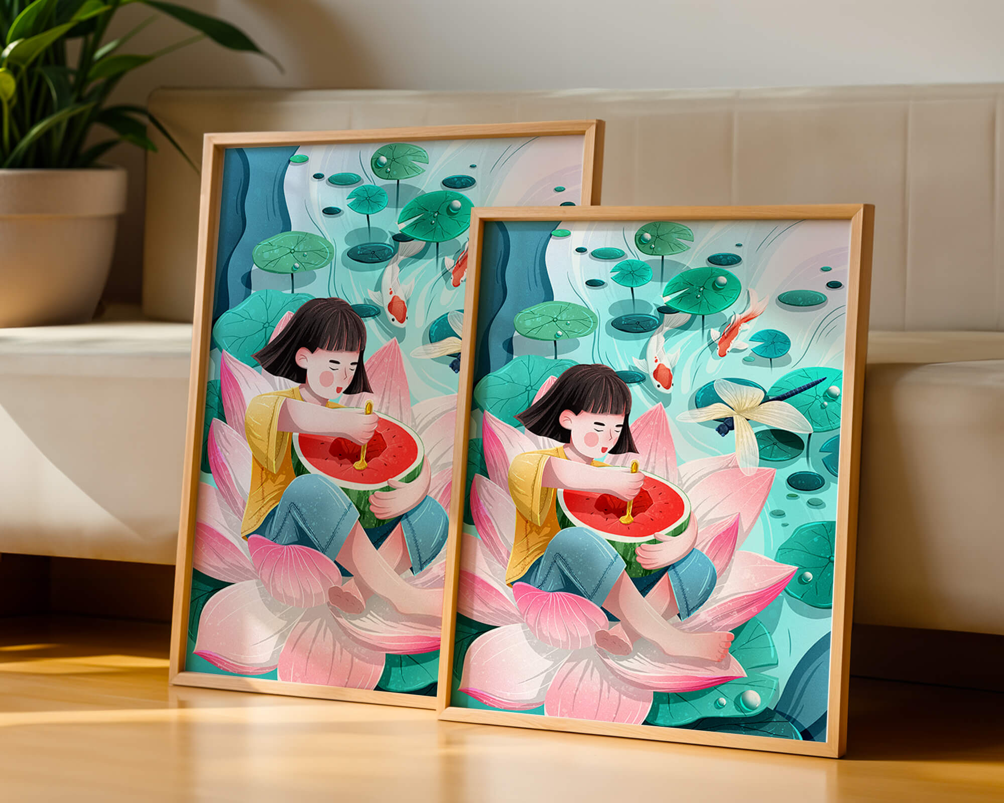 Serene illustration of child with watermelon on lotus flower