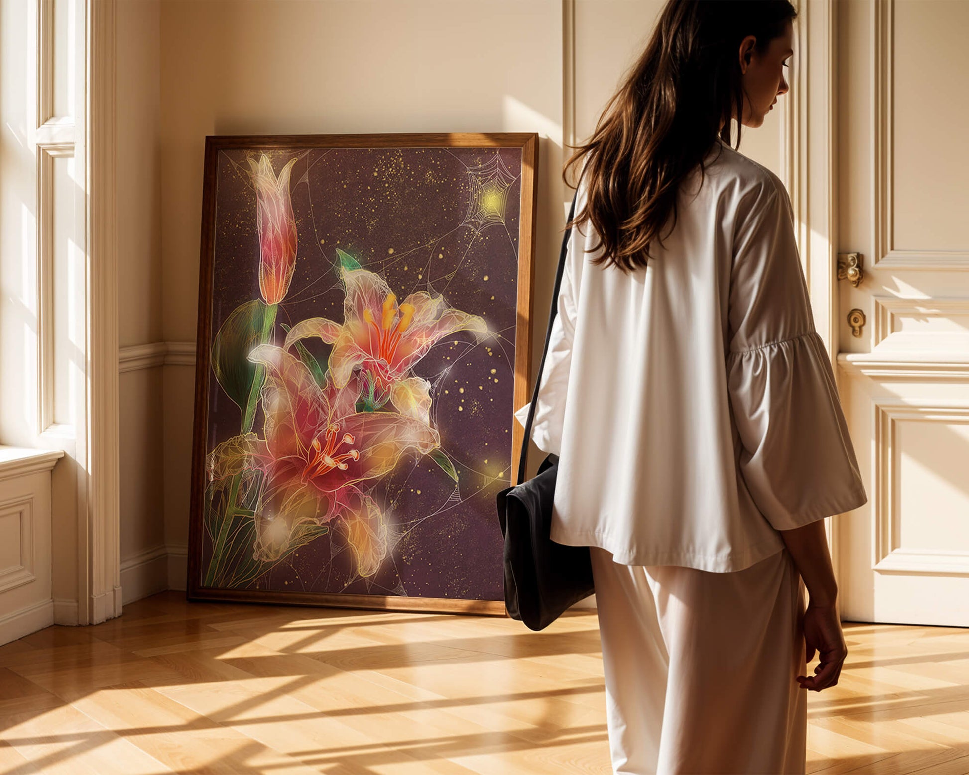 Elegant Floral Composition with Intricate Details and Golden Accents