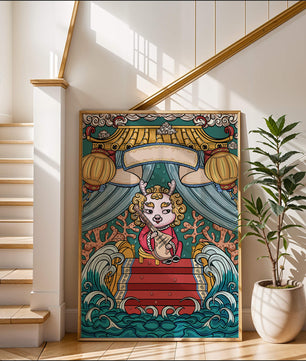 Illustration of a whimsical animal playing a stringed instrument in a fantastical setting