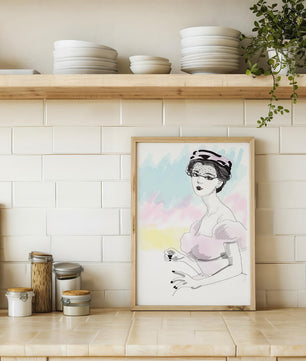 Elegant Woman in Vintage Fashion with Veil Hat and Pastel Background - Mi tienda
