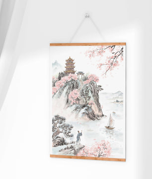 Tranquil Landscape with Cherry Blossoms and Traditional Pagoda