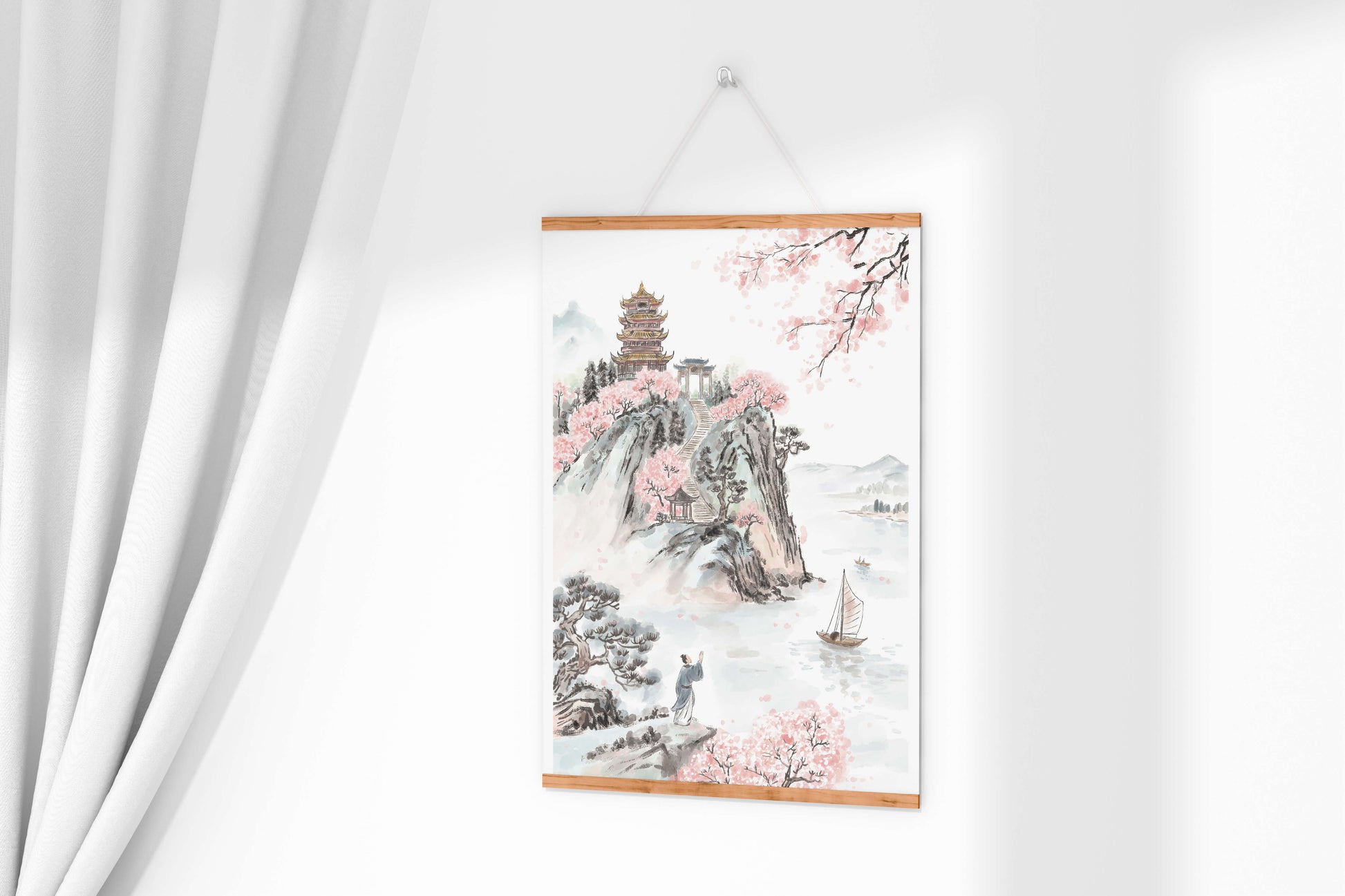 Tranquil Landscape with Cherry Blossoms and Traditional Pagoda