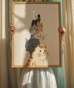 Stack of adorable cartoon cats with diverse patterns and colors