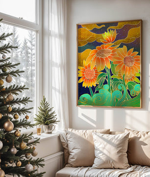 Vibrant sunflowers with intricate background patterns