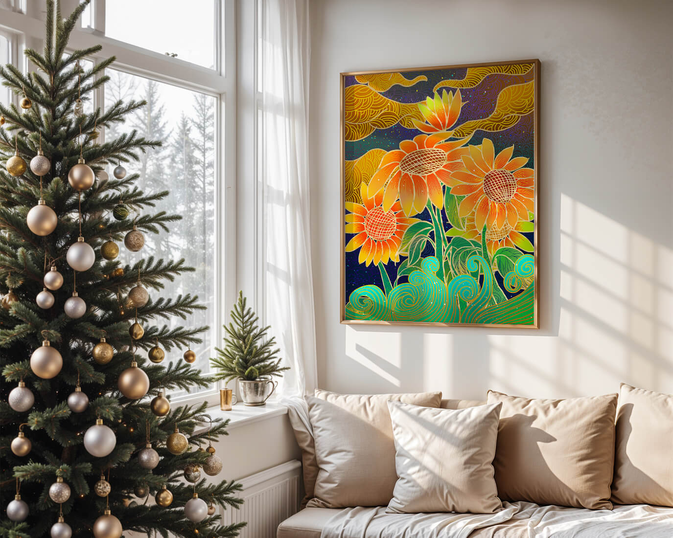 Vibrant sunflowers with intricate background patterns