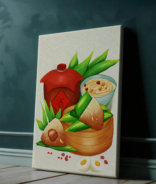Illustrated traditional Chinese food with zongzi and rice wine