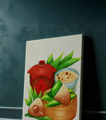 Illustrated traditional Chinese food with zongzi and rice wine