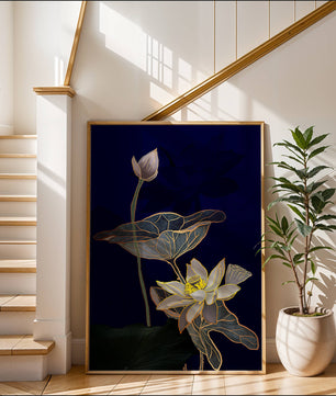Elegant Lotus Flower with Gold Accents on Deep Blue Background