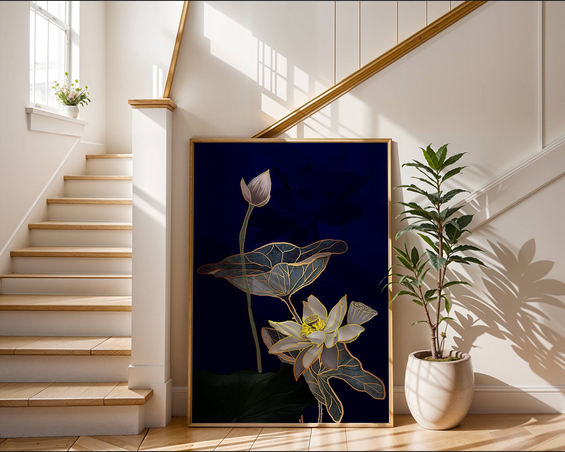 Elegant Lotus Flower with Gold Accents on Deep Blue Background