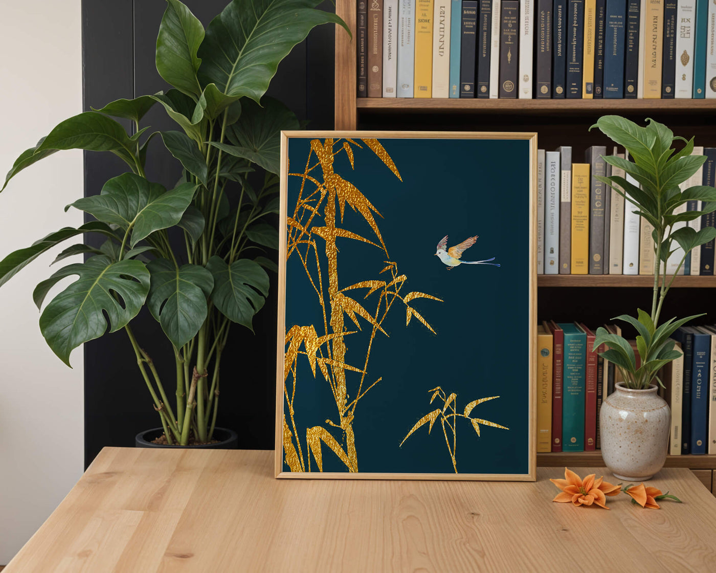 Golden bamboo and bird against a deep blue background