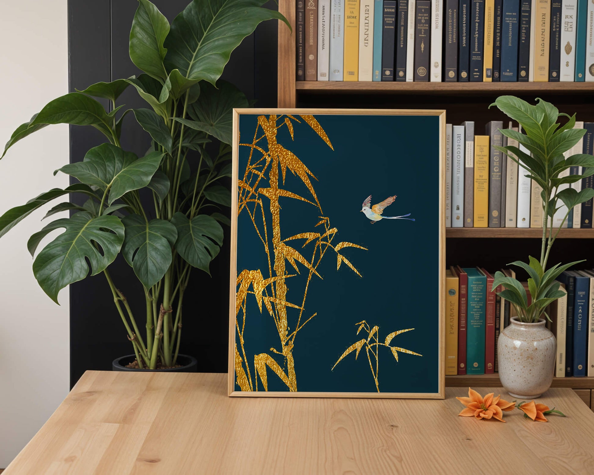 Golden bamboo and bird against a deep blue background