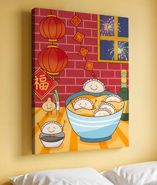 Festive Dumpling Illustration with Lanterns and Fireworks - Mi tienda
