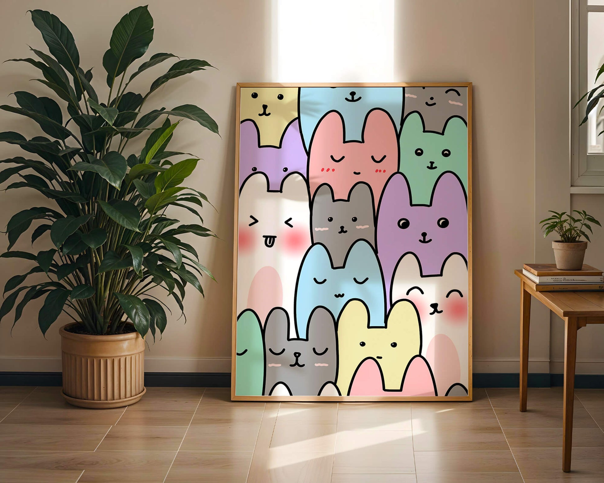 Colorful cartoon animal pattern with smiling faces