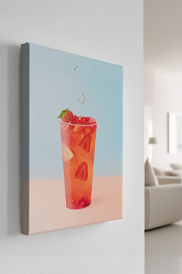 Refreshing strawberry drink with floating slices on pastel background