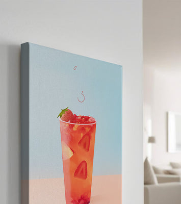 Refreshing strawberry drink with floating slices on pastel background