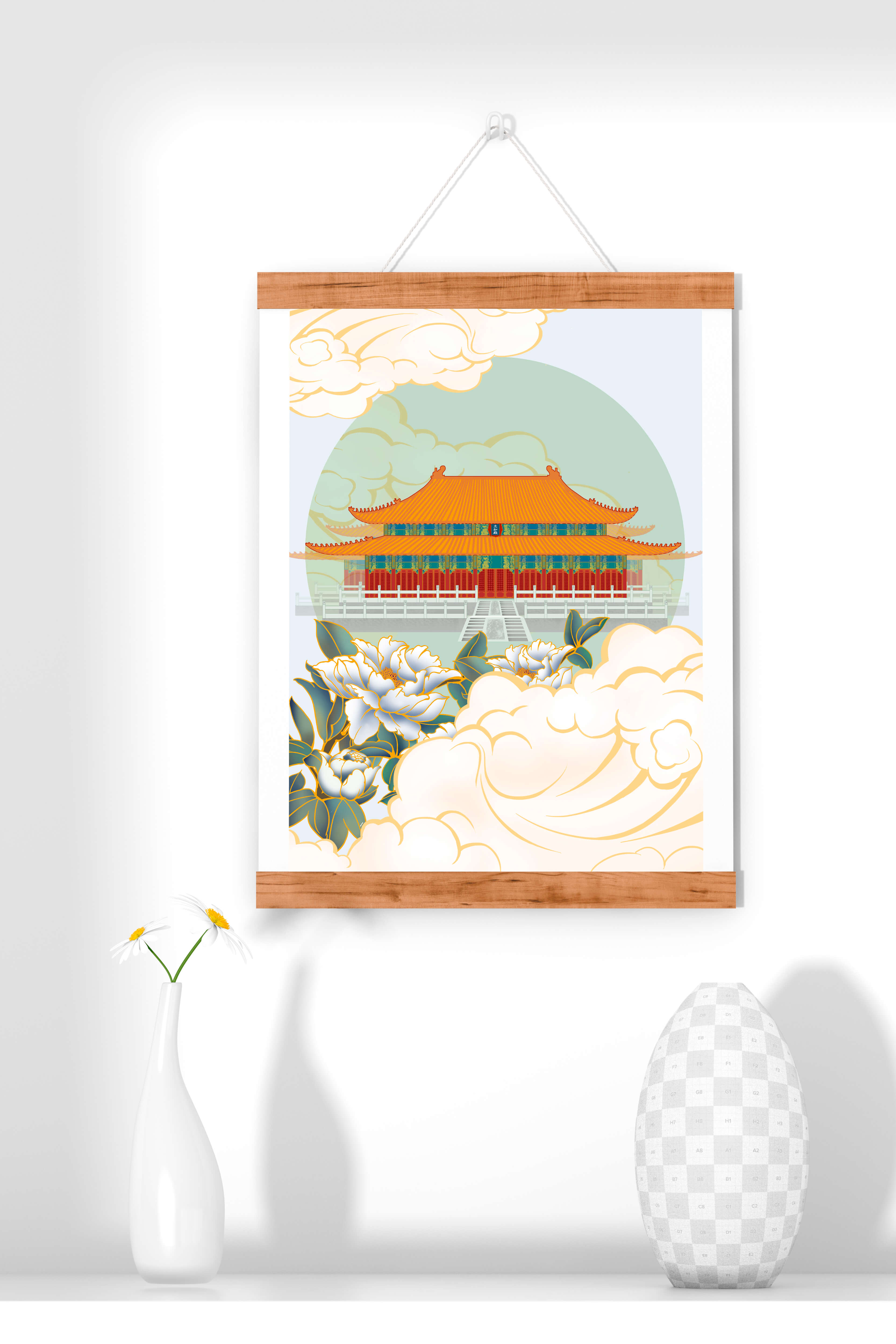 Traditional Asian palace illustration with floral and cloud motifs