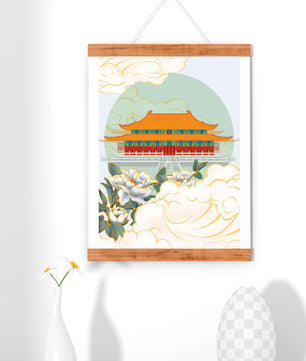 Traditional Asian palace illustration with floral and cloud motifs