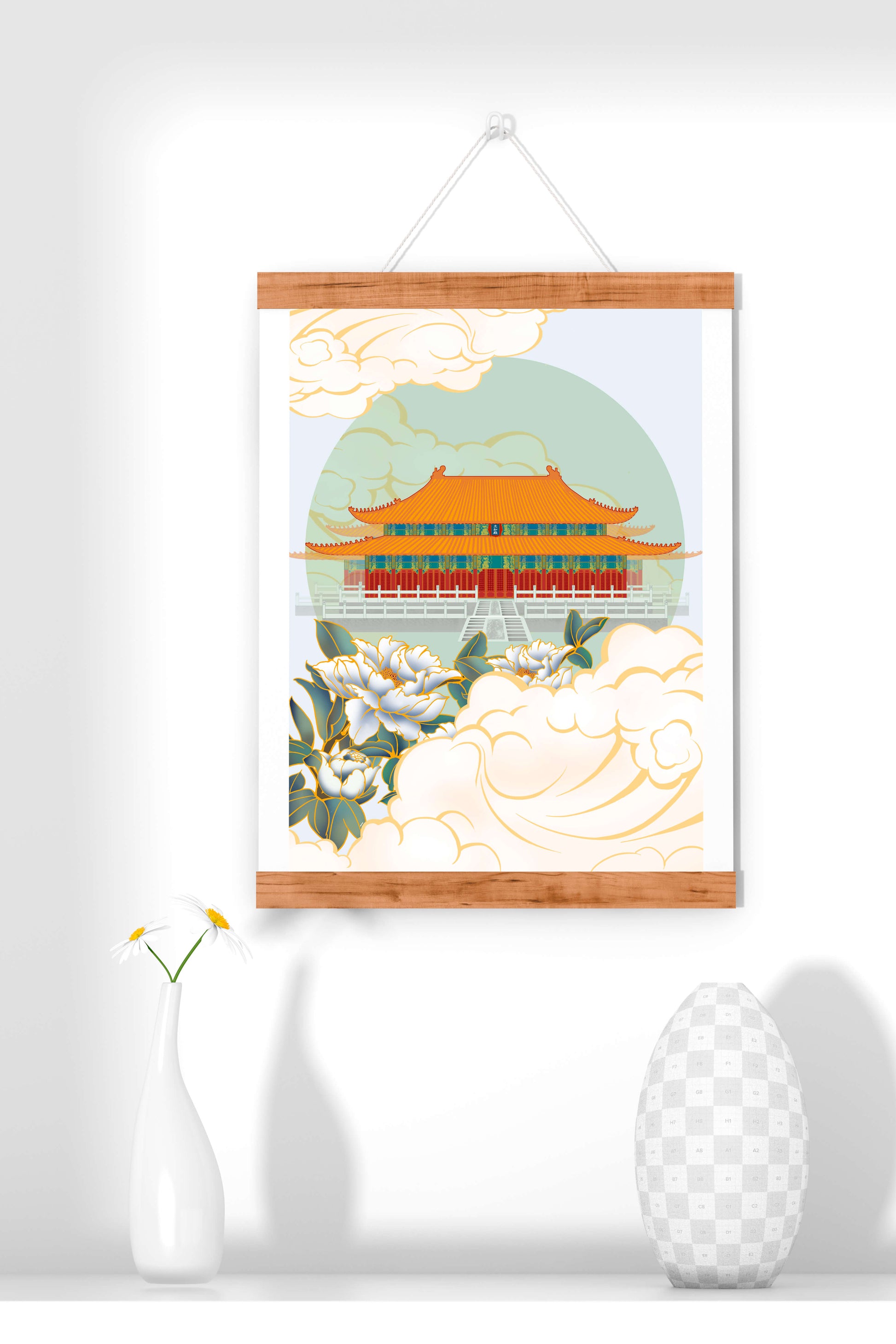 Traditional Asian palace illustration with floral and cloud motifs