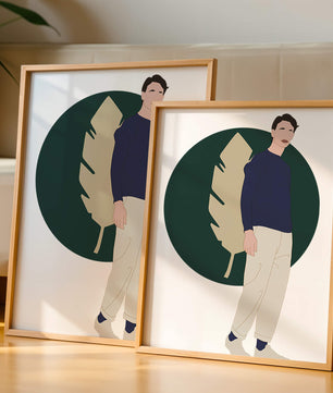 Illustration of a man standing with abstract leaf background