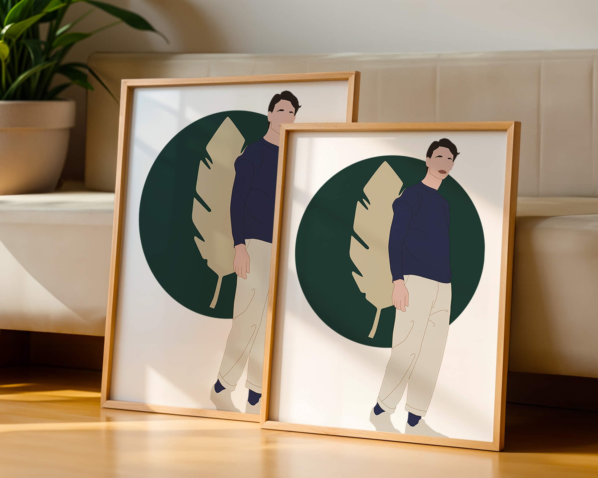 Illustration of a man standing with abstract leaf background