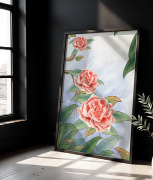 Illustrated pink carnations with green leaves in serene botanical art