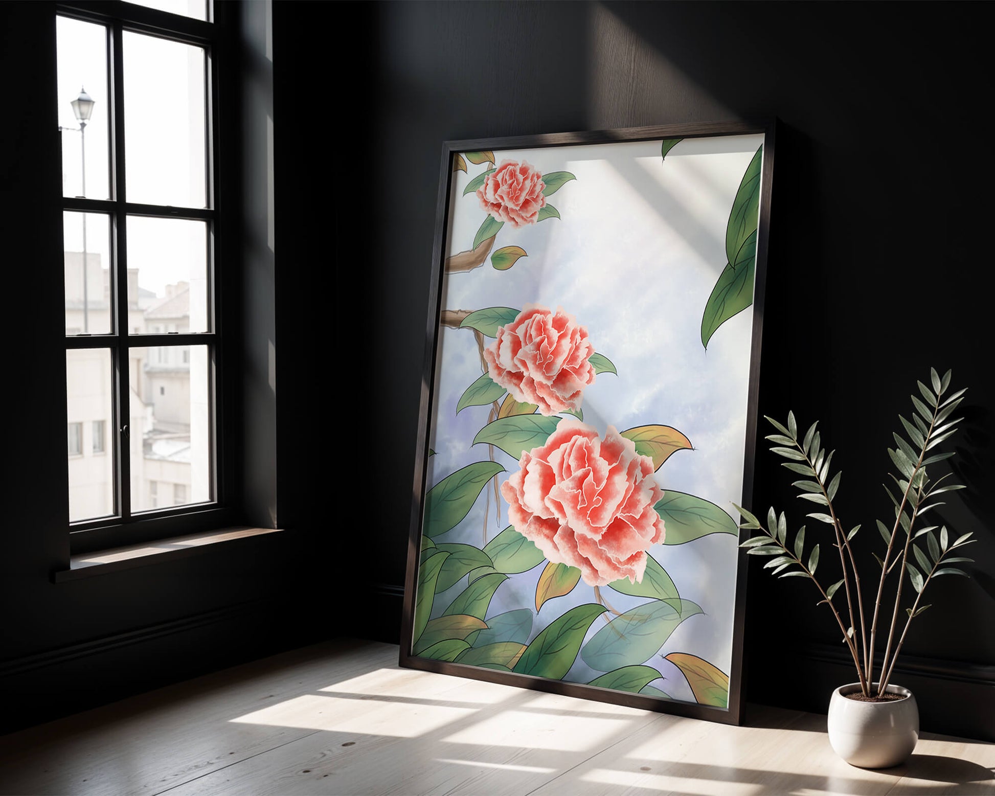Illustrated pink carnations with green leaves in serene botanical art