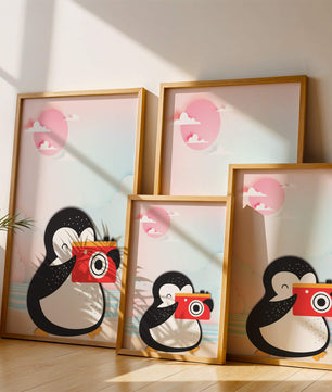 Whimsical penguin illustration with a camera on a pastel beach