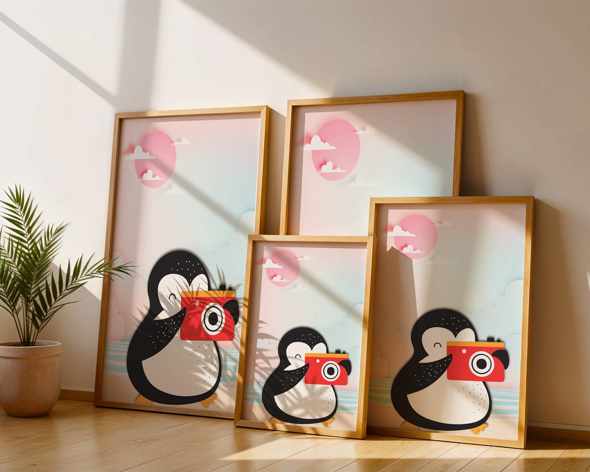 Whimsical penguin illustration with a camera on a pastel beach