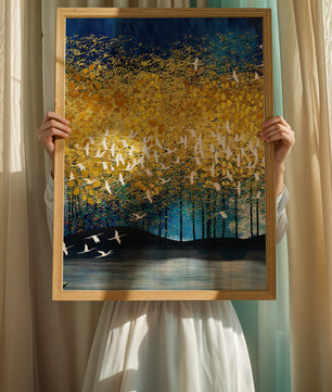 Vibrant Forest Landscape with Birds and Golden Leaves