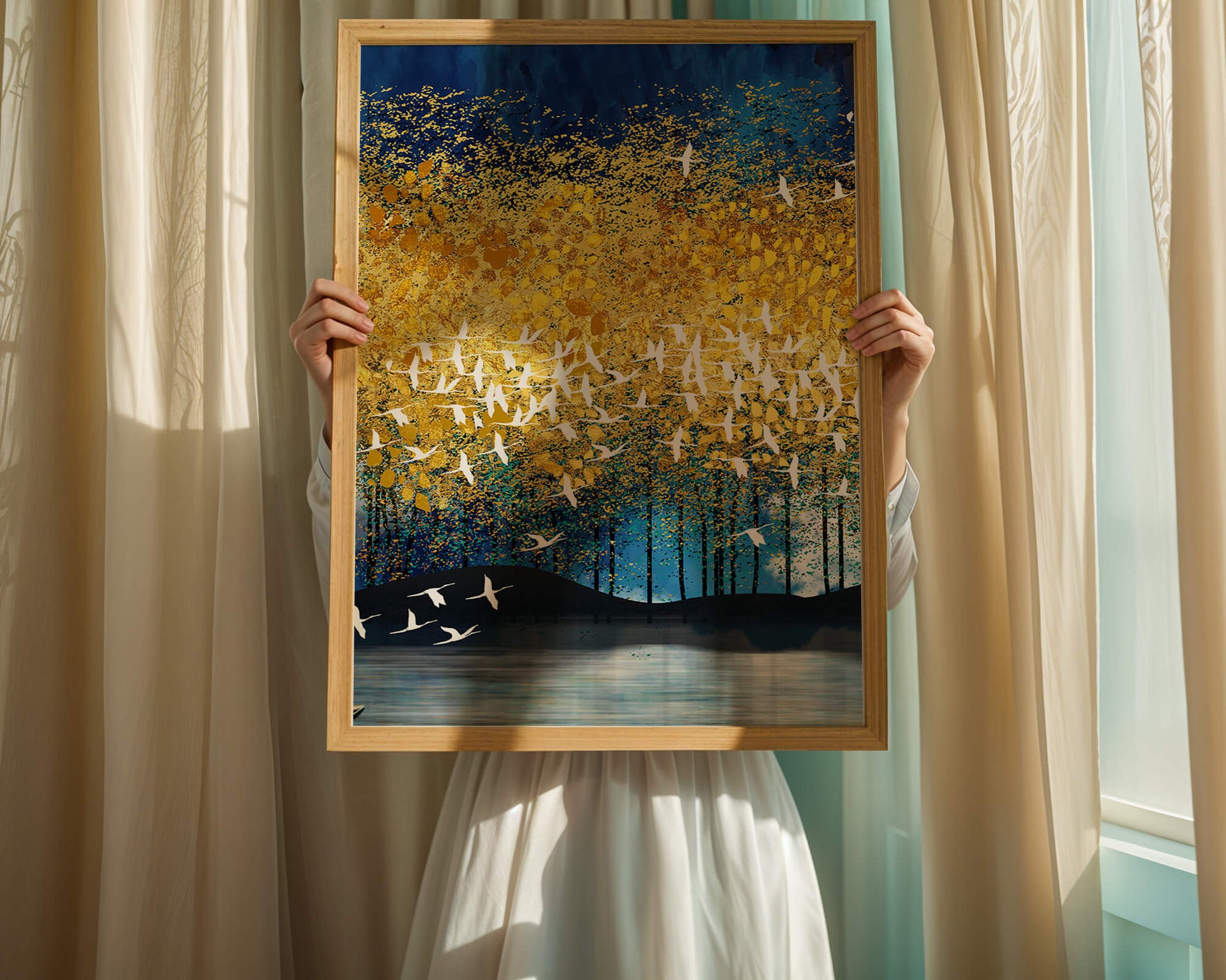 Vibrant Forest Landscape with Birds and Golden Leaves
