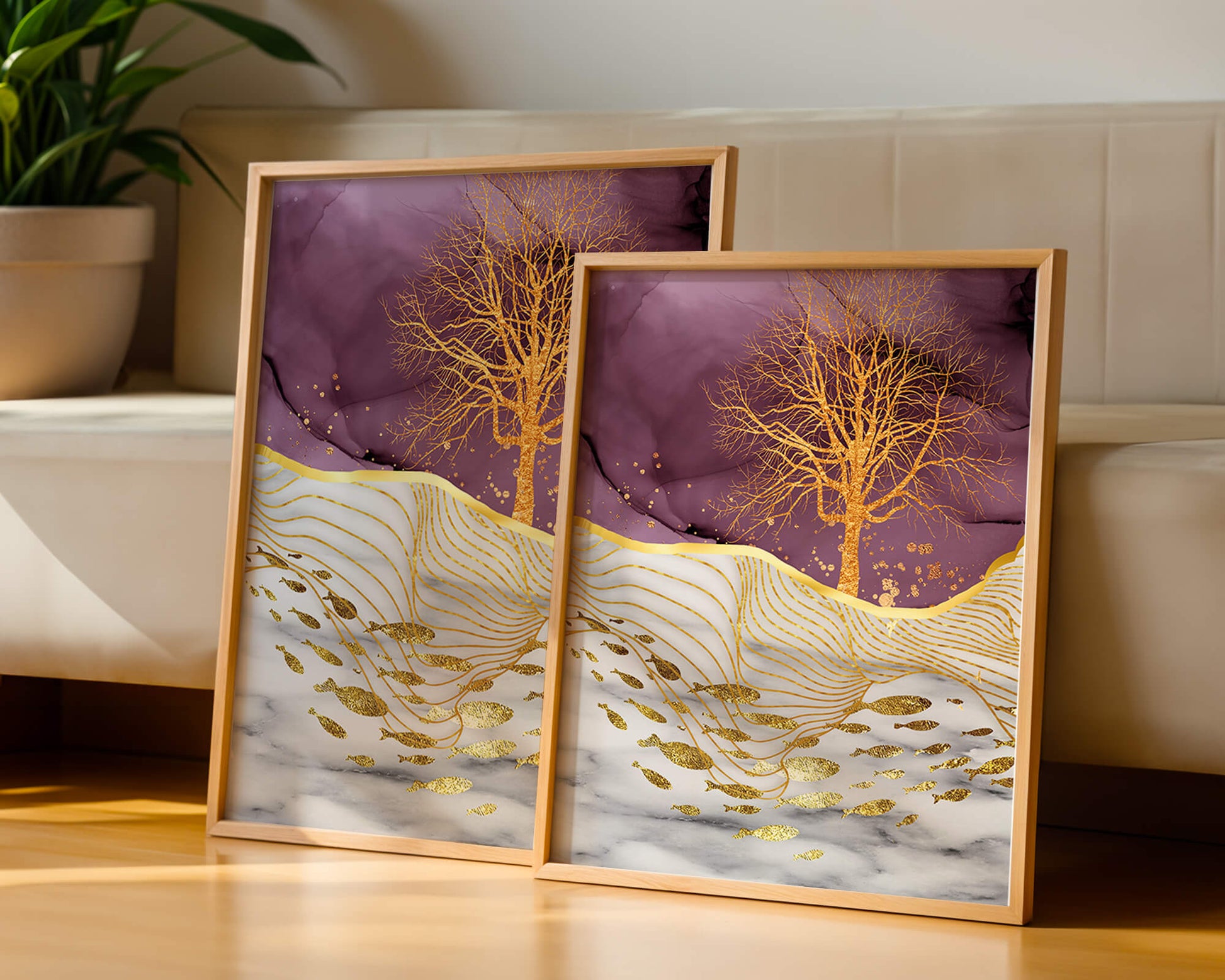 Abstract Tree with Gold Fish on Marble Background