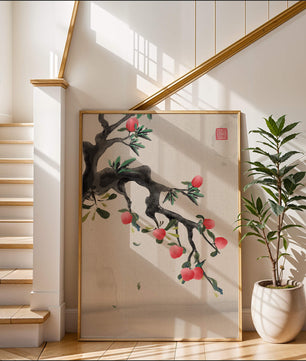 Asian ink painting featuring cherry blossoms on a textured background