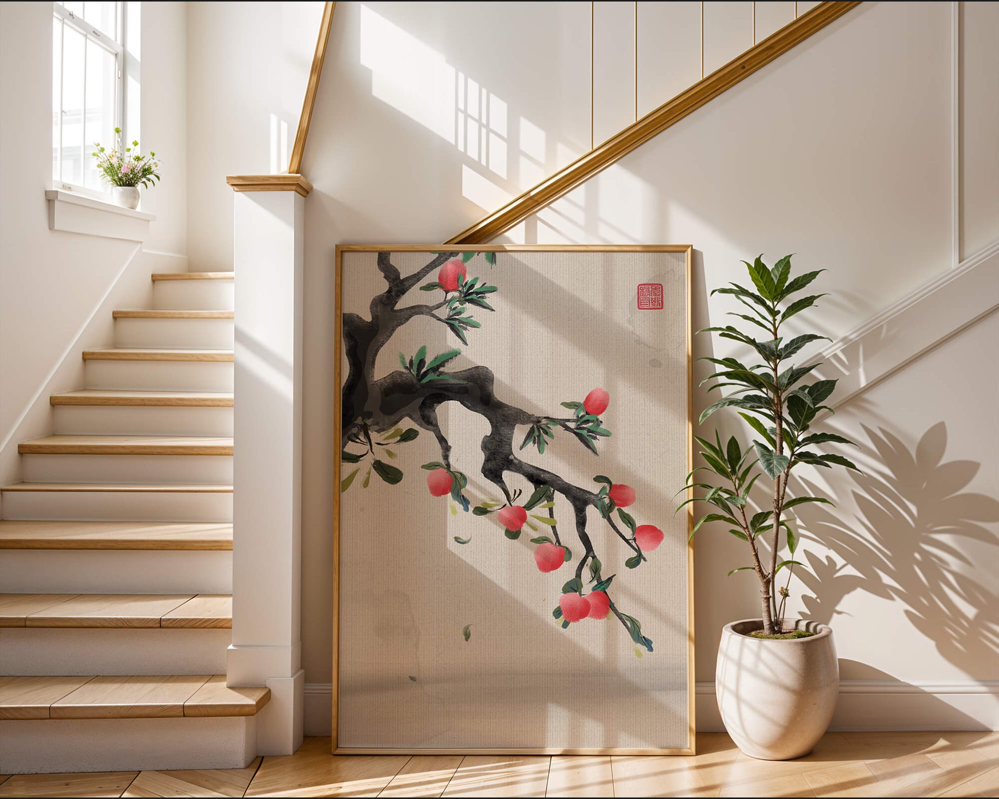 Asian ink painting featuring cherry blossoms on a textured background