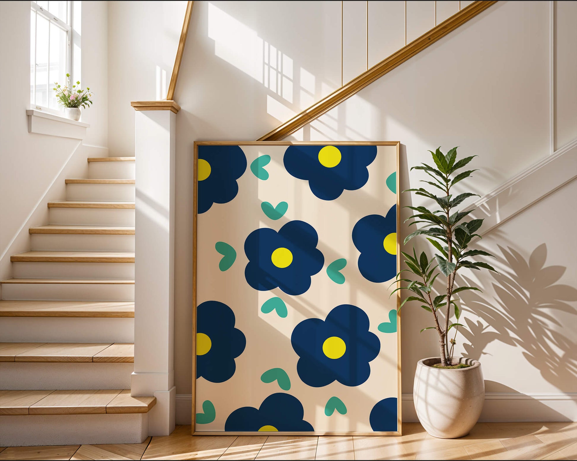 Blue floral pattern with yellow centers on cream background