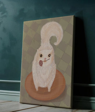Illustration of fluffy cat with rose on a cushion