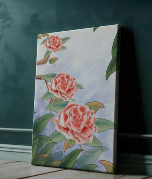 Illustrated pink carnations with green leaves in serene botanical art