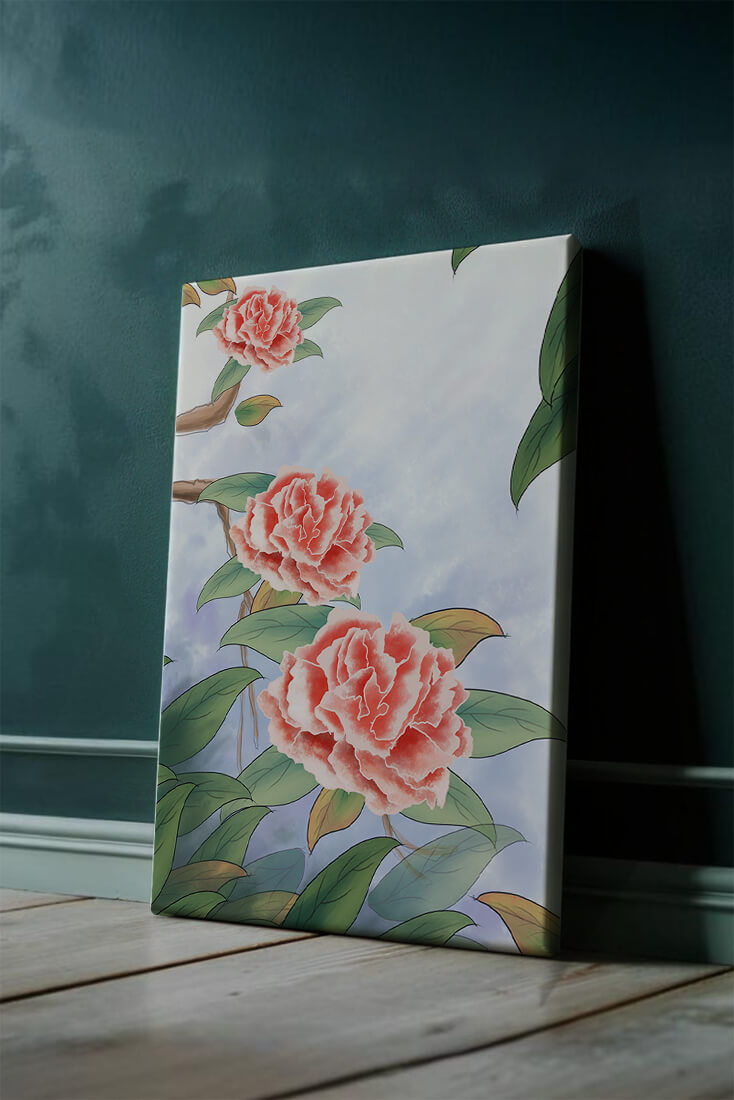 Illustrated pink carnations with green leaves in serene botanical art