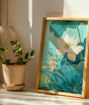 Lotus Flowers with Golden Accents on Aqua Background