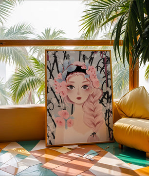 Ilustración caprichosa de una chica con cabello rosa y corona floral