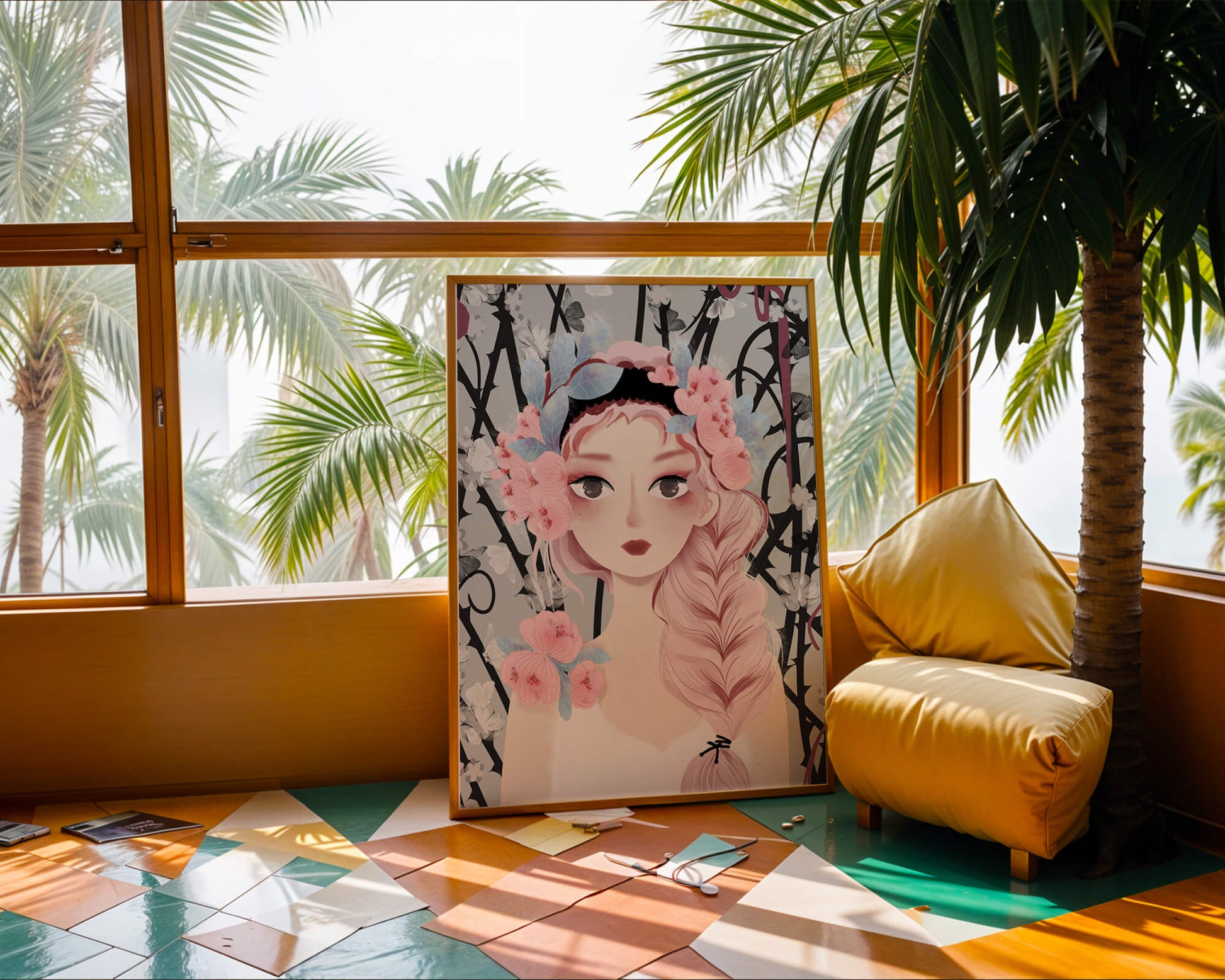 Whimsical illustration of a girl with pink hair and floral crown