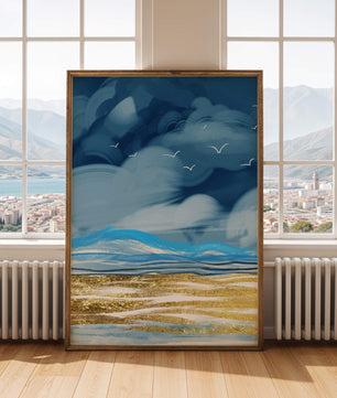 Dynamic Ocean Waves Under Cloudy Sky With Seagulls And Gold-Tinted Sand
