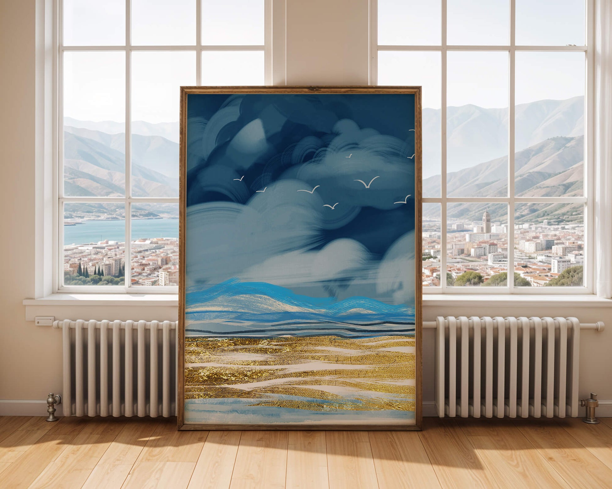 Dynamic Ocean Waves Under Cloudy Sky With Seagulls And Gold-Tinted Sand