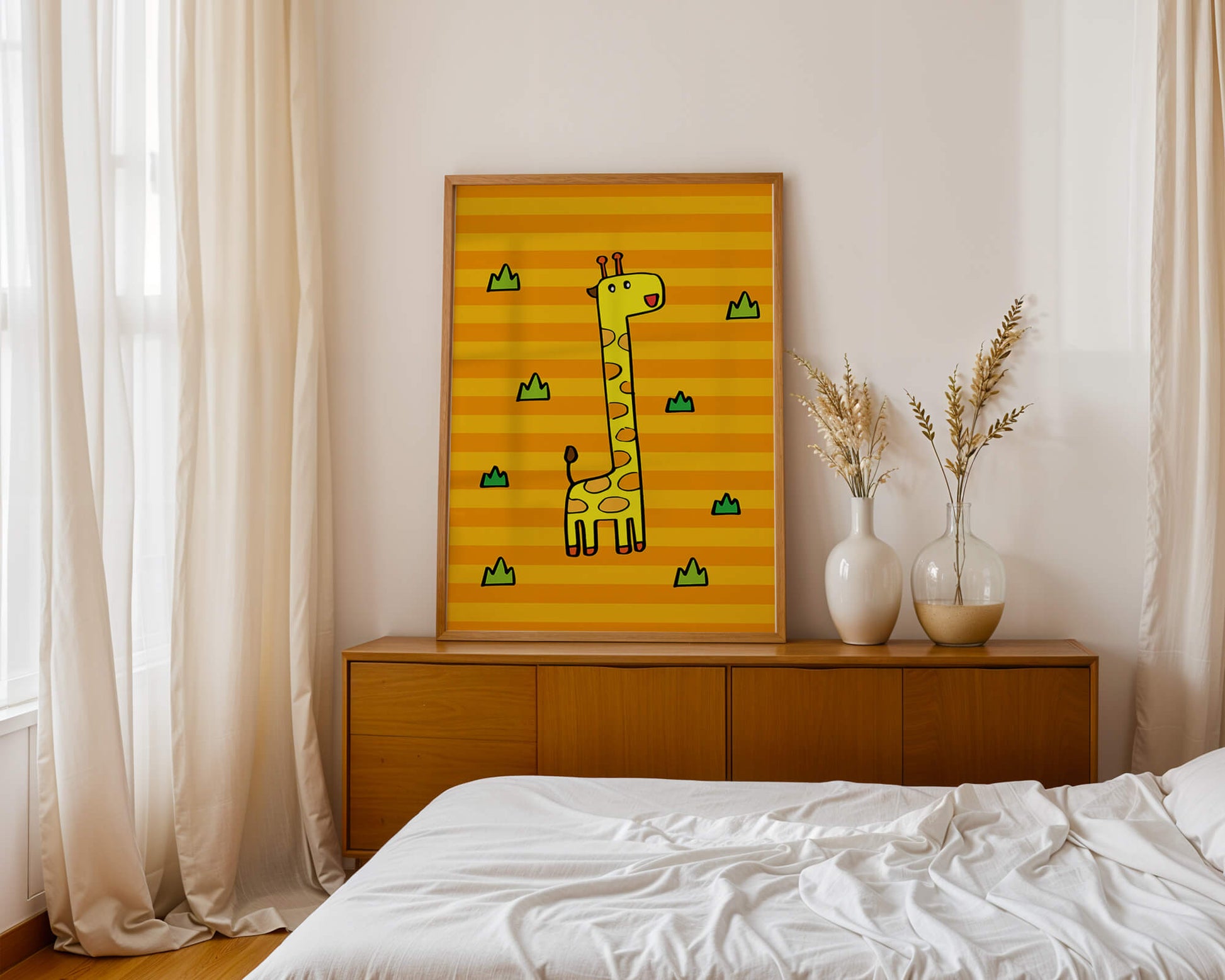 Bright cartoon giraffe illustration on a striped background