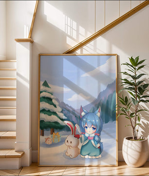 Winter scene with cute chibi character and bunny in snowy landscape