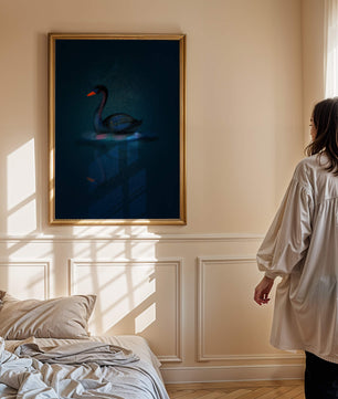 Majestic Black Swan Under Starry Night Sky with Golden Accents - Mi tienda