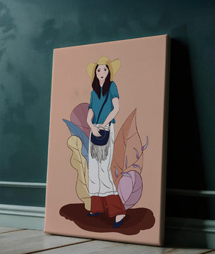 Ilustración de moda de una mujer con sombrero sobre fondo pastel
