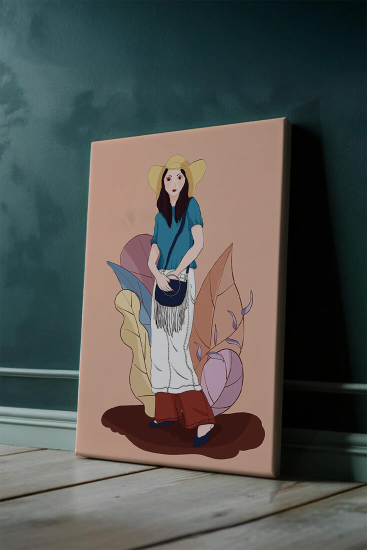 Ilustración de moda de una mujer con sombrero sobre fondo pastel